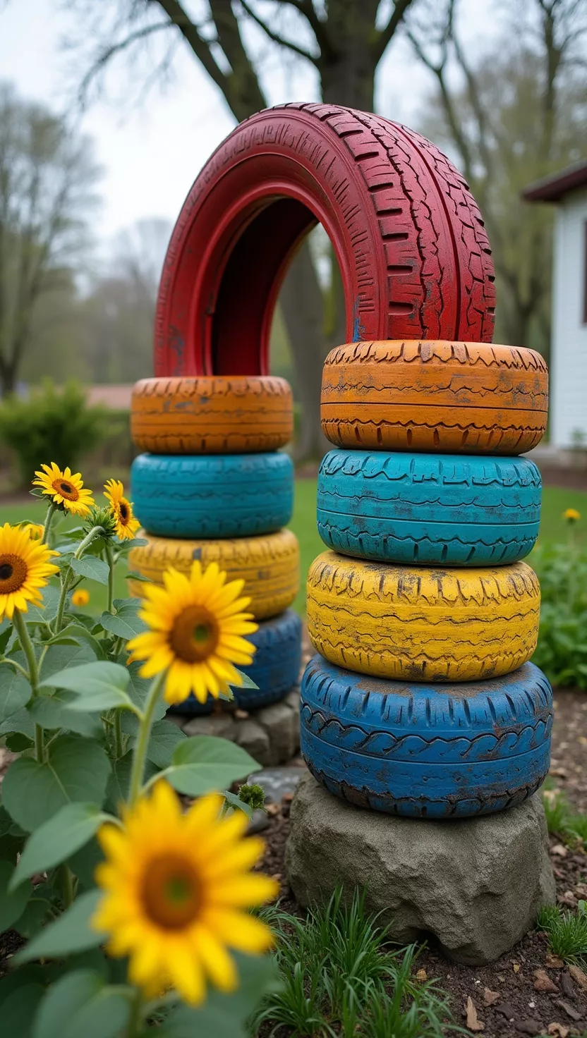 A photo of a typical American home's garden showing painted recycled tires stacked and arranged to form a colorful arch with sunflowers growing around the base.