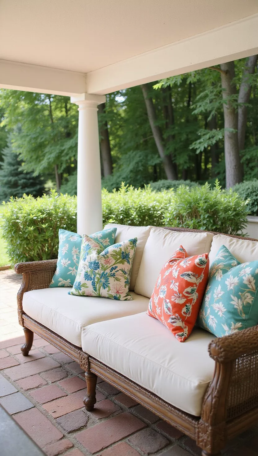 A close-up photo of a typical American home’s garden patio sofa with bright mix-and-match outdoor pillows in tropical prints under roof cover