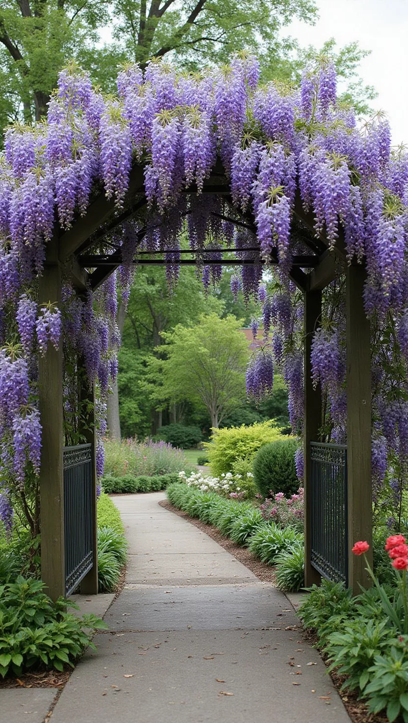 A photo of a typical American home's garden featuring a robust arbor completely draped in cascading purple wisteria blooms, creating a spectacular overhead canopy with flowers hanging down like curtains.