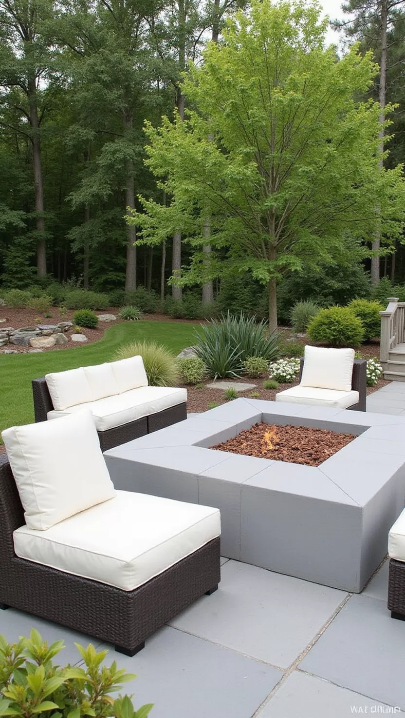 A photo of a typical American home's garden showing square modular seating cubes with removable cushions arranged in different configurations around a contemporary fire pit.