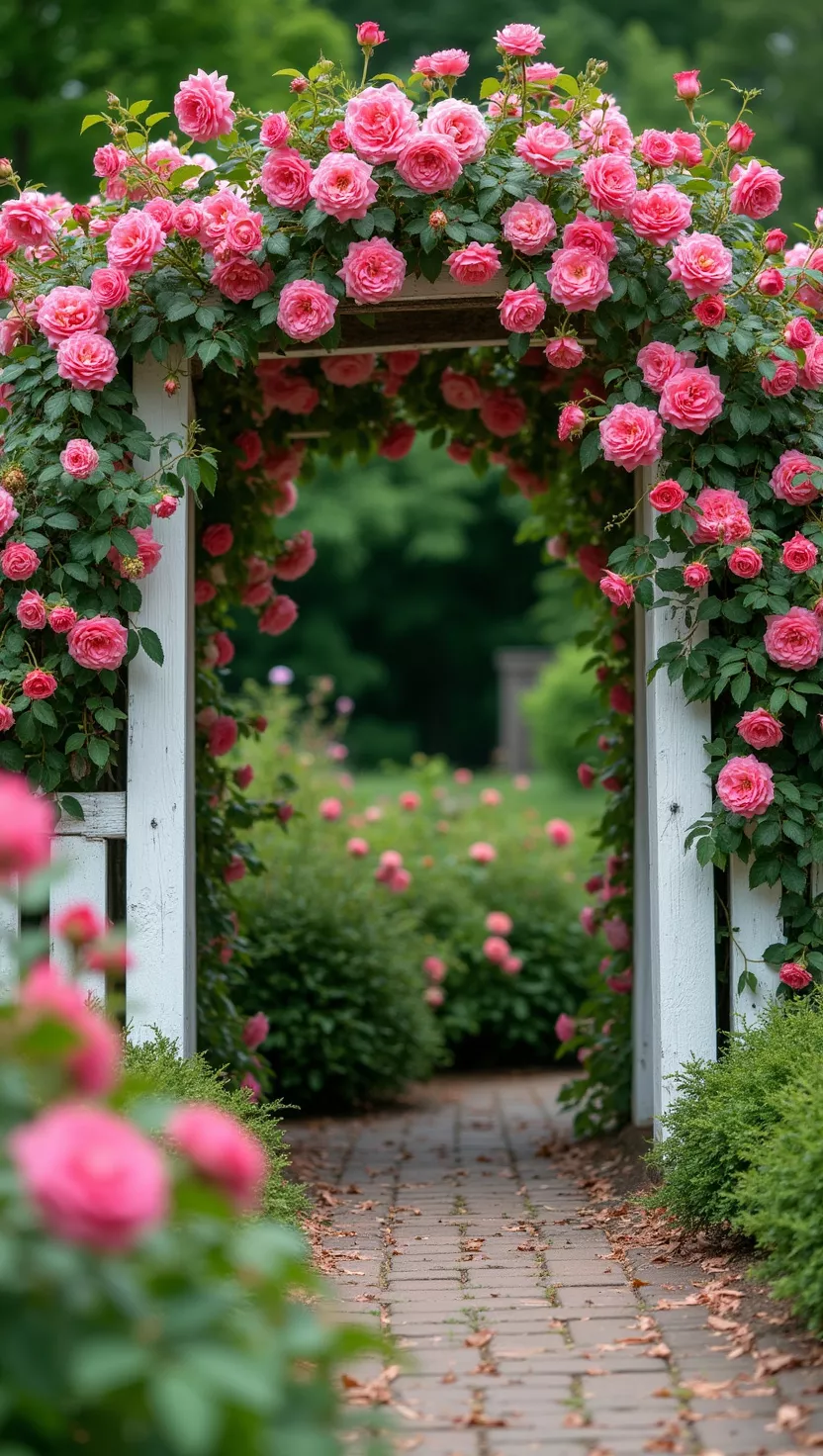 A photo of a typical American home's garden displaying a white painted wooden arbor completely covered in blooming pink and red roses, with a romantic garden setting underneath.