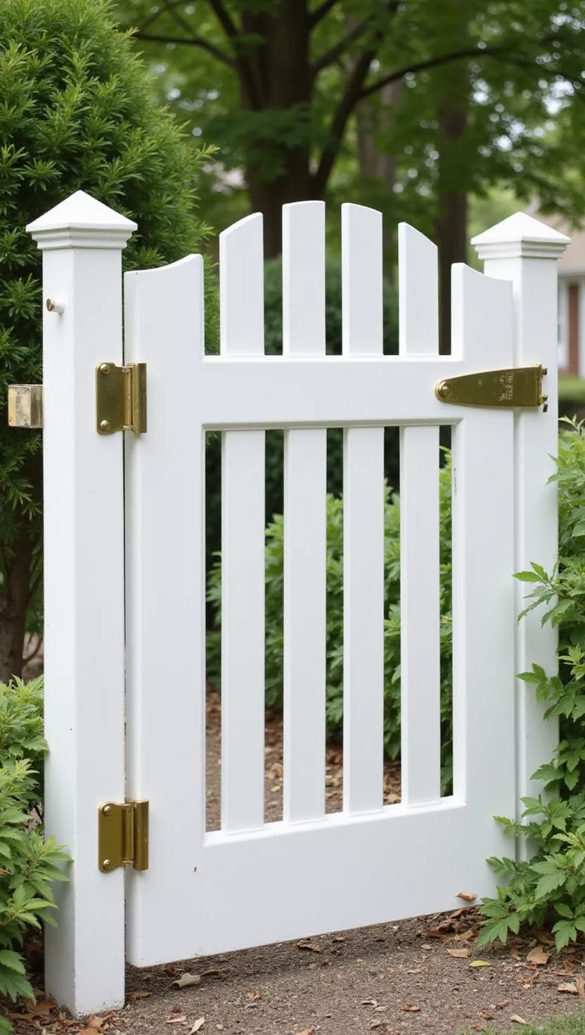 A photo of a typical American home's garden showing a white wooden picket gate with gently curved top rail creating a gentle arc, traditional pointed slats, and brass hardware.