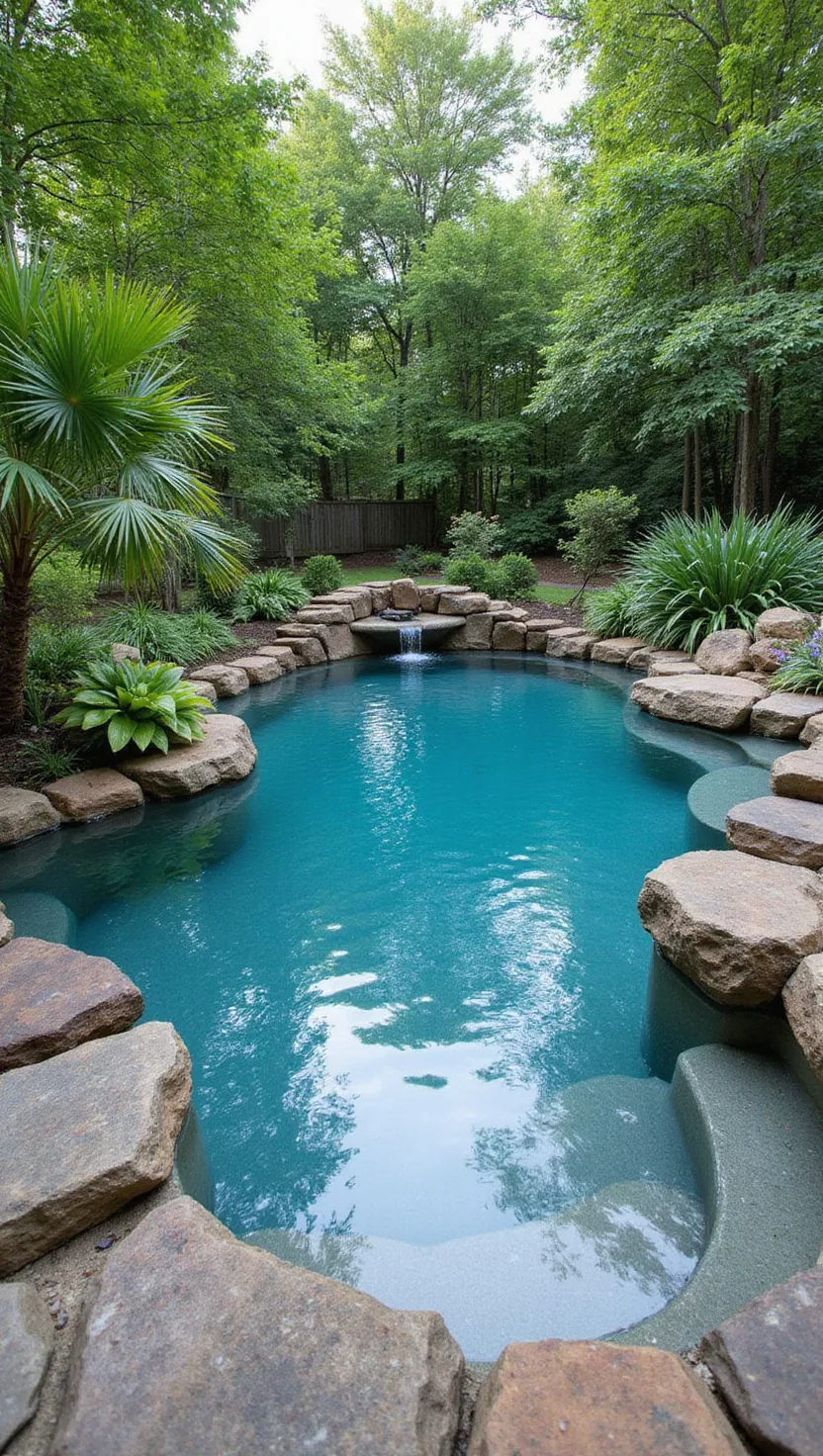 Saltwater Pool Health A photo of a typical American home's garden with a crystal-clear saltwater pool featuring natural stone surroundings and lush green plants creating a tropical atmosphere