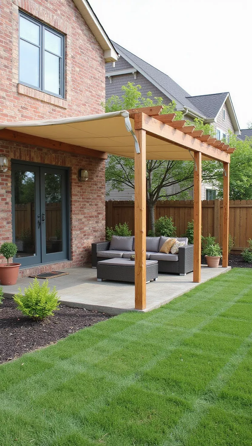 A photo of a typical American home's garden featuring a wooden pergola with a retractable fabric canopy system that can be opened or closed as needed