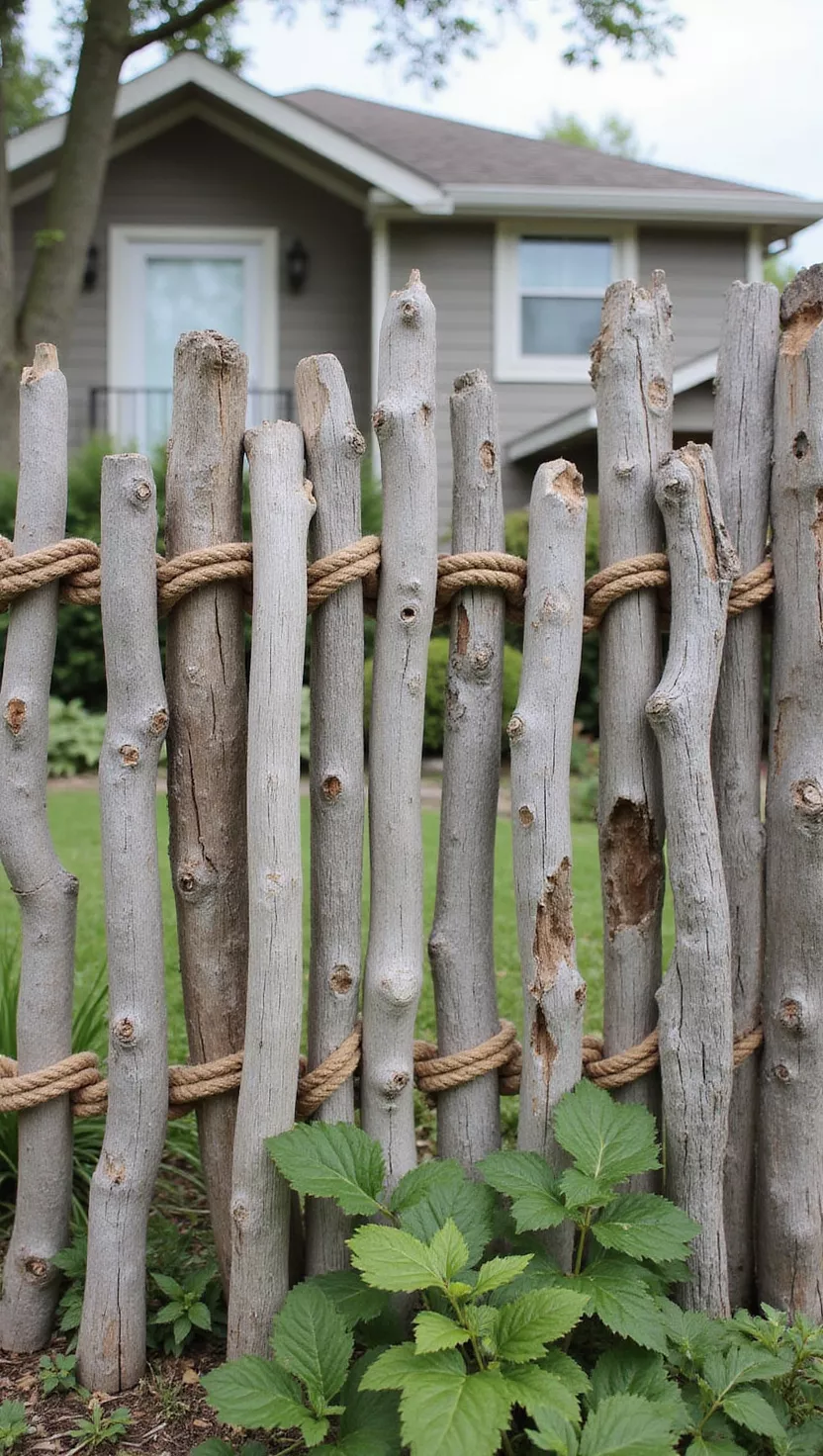 A photo of a typical American home's garden featuring weathered driftwood pieces connected with natural rope, creating nautical-inspired fencing with gray wood and brown rope