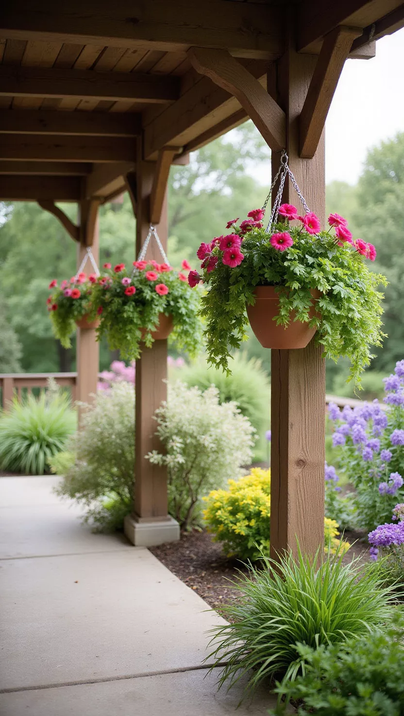 A close-up photo of a typical American home’s garden patio with colorful hanging flower baskets suspended at different heights from roof beams