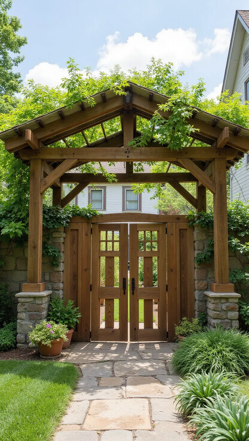 A photo of a typical American home's garden featuring a wooden gate with an overhead pergola structure, open beam construction, and climbing plants growing over the top framework.
