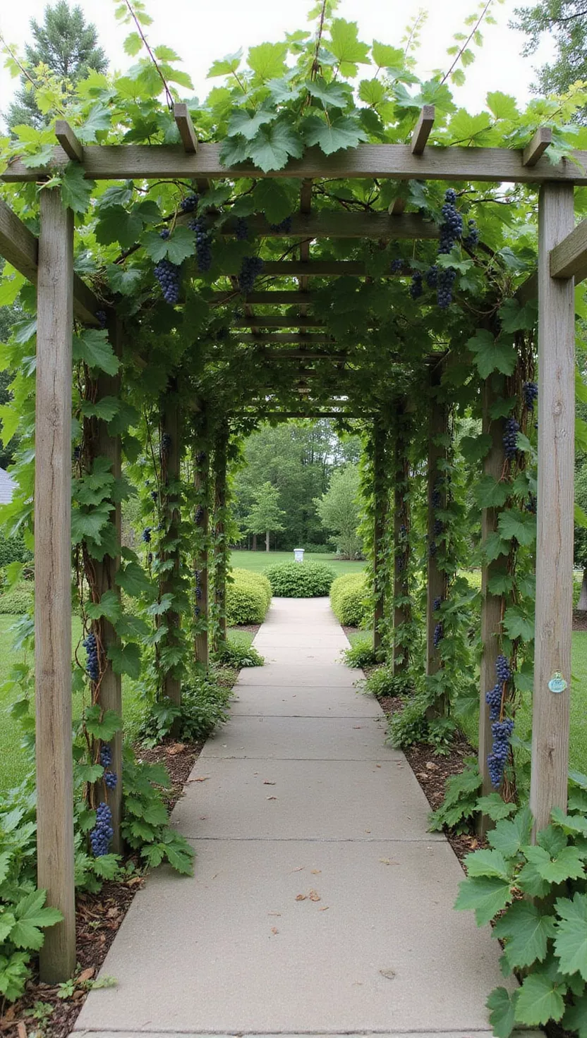 A photo of a typical American home's garden showing a sturdy wooden arbor walkway completely covered with grape vines, creating a natural tunnel with clusters of grapes hanging down.