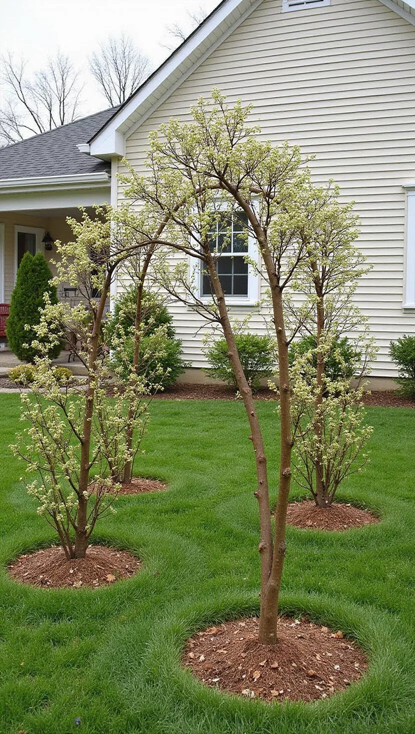 A photo of a typical American home's garden featuring two fruit trees trained in an espalier pattern to form a living arch with blossoms on the branches.