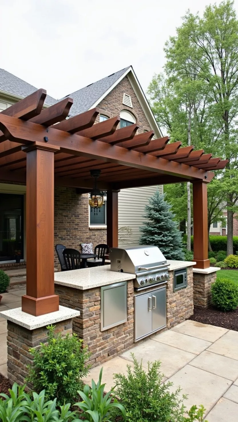 A photo of a typical American home's garden showing a large pergola covering an outdoor kitchen area with a grill, counter space, and bar seating underneath.