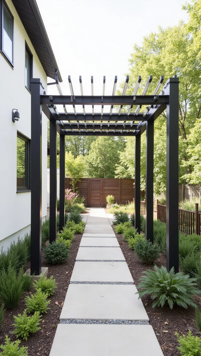 A photo of a typical American home's garden featuring a sleek, geometric arbor made of clean lines and modern materials, with minimal plantings and contemporary landscaping.