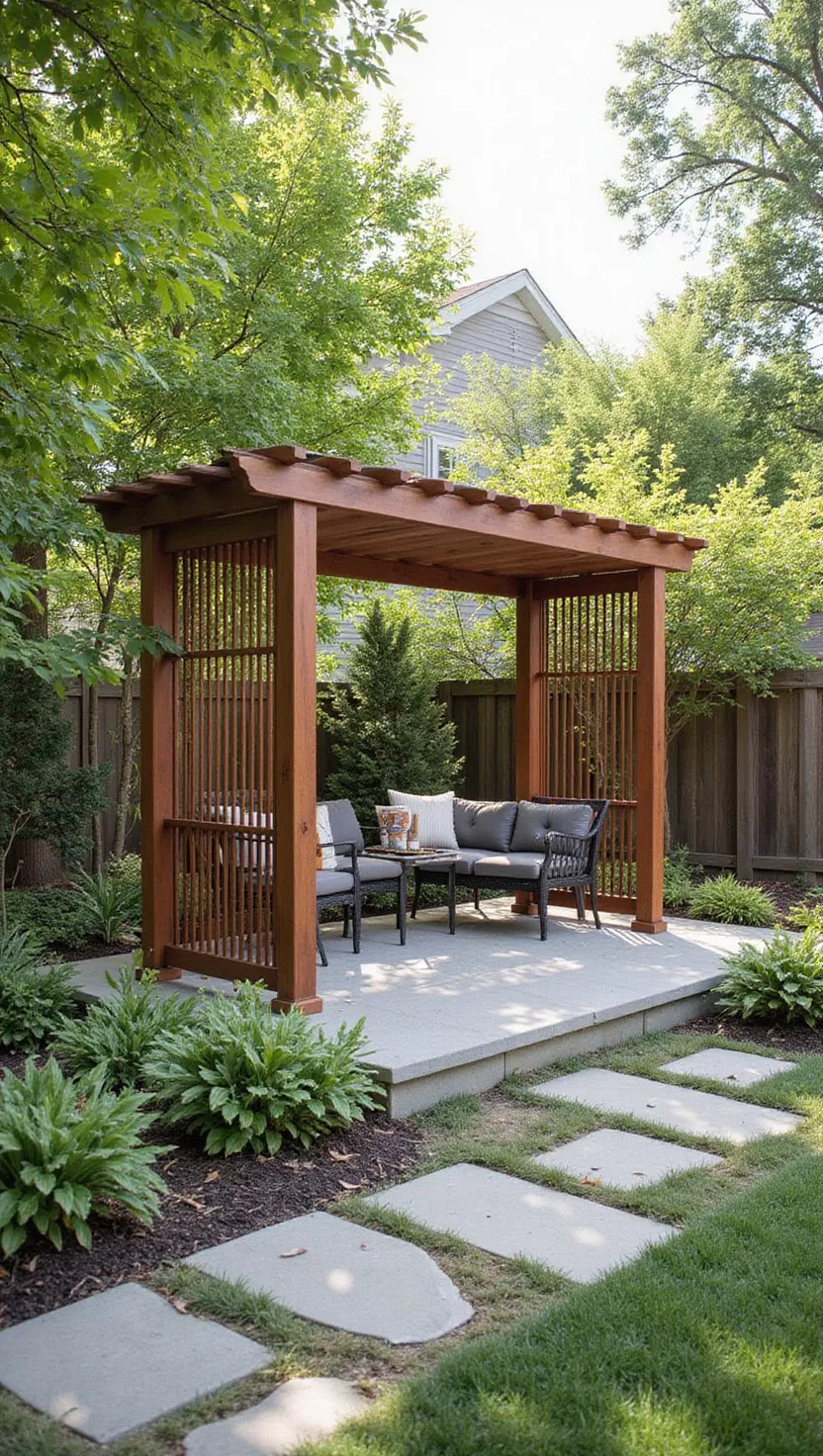 A photo of a typical American home's garden showing a freestanding outdoor room divider creating separate spaces while providing shade and privacy in a backyard setting