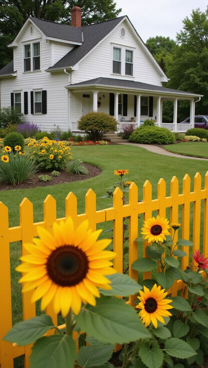 A photo of a typical American home's garden featuring a fence painted in bright cheerful yellow with sunflowers and other warm-toned flowers creating a sunny garden atmosphere.