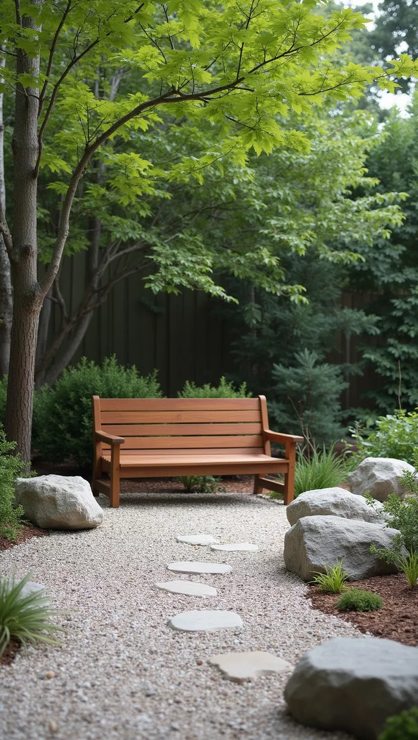 A photo of a typical American home's garden showing a minimalist rock garden with raked gravel, carefully placed stones, and a simple wooden bench positioned for contemplation