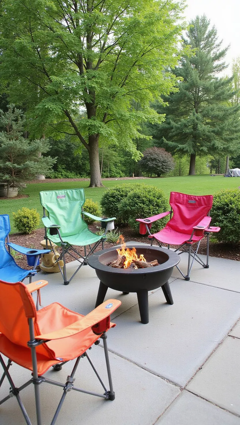 A photo of a typical American home's garden featuring colorful folding camping chairs with cup holders positioned around a portable fire pit on a patio.