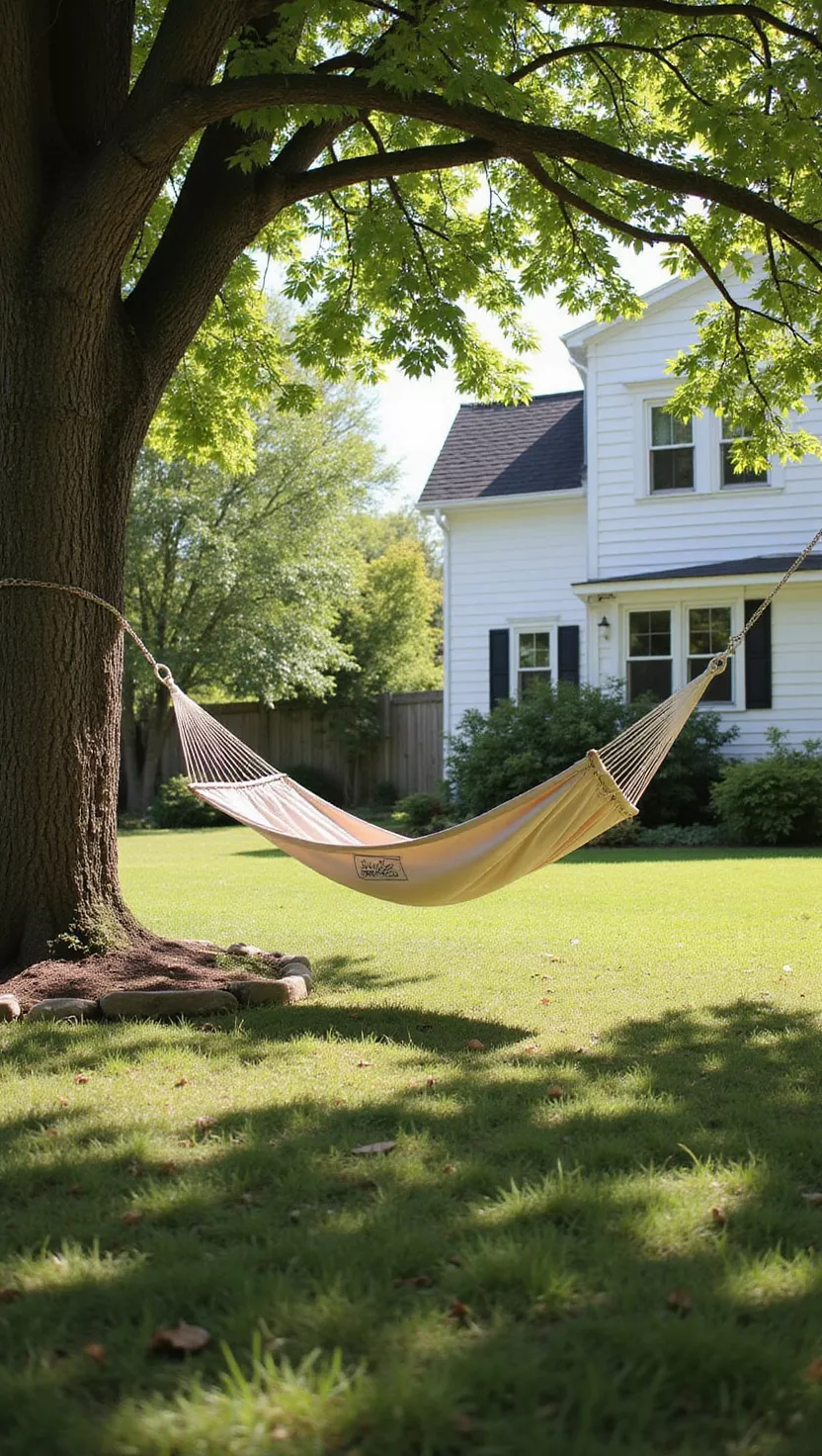 Hammock Swing A photo of a typical American home's garden showing a fabric hammock hanging between tree branches, creating a gentle swinging seat in a peaceful backyard setting