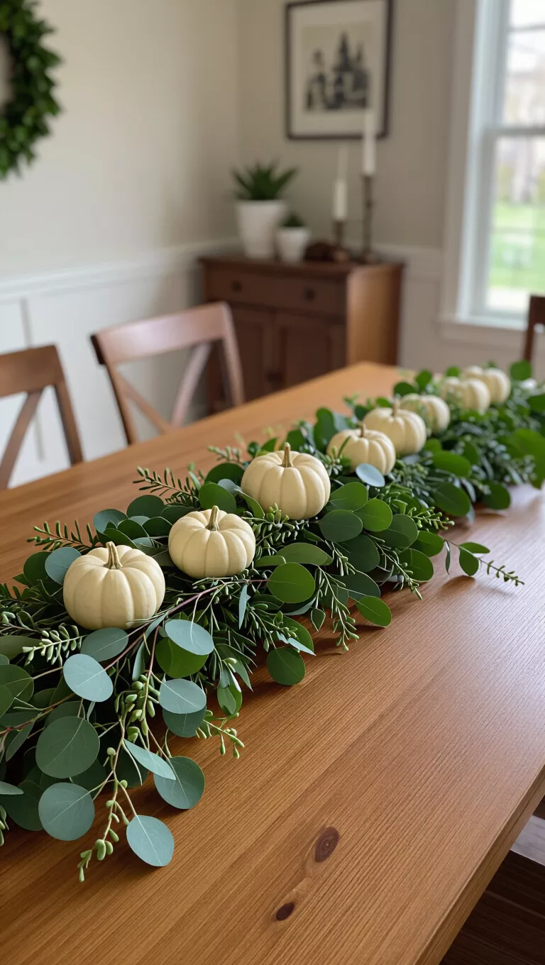 A photo of a dining room table featuring a lush tabletop greenery garland made of eucalyptus, olive branches, and seeded eucalyptus, with white mini pumpkins tucked in.