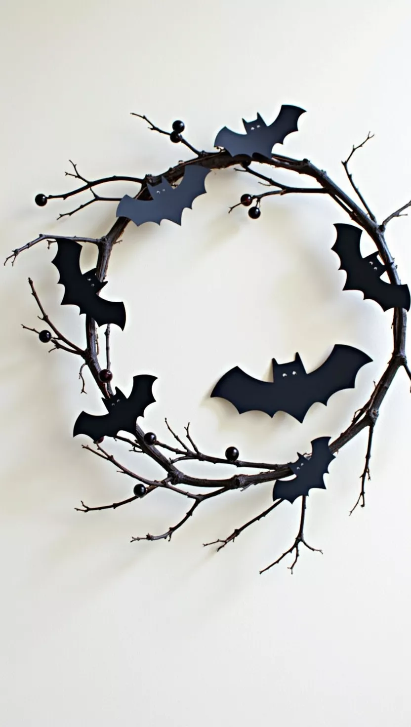 A photo of a spooky wreath crafted from dark, sparse branches adorned with several black cutout bats and smaller, dark berries.