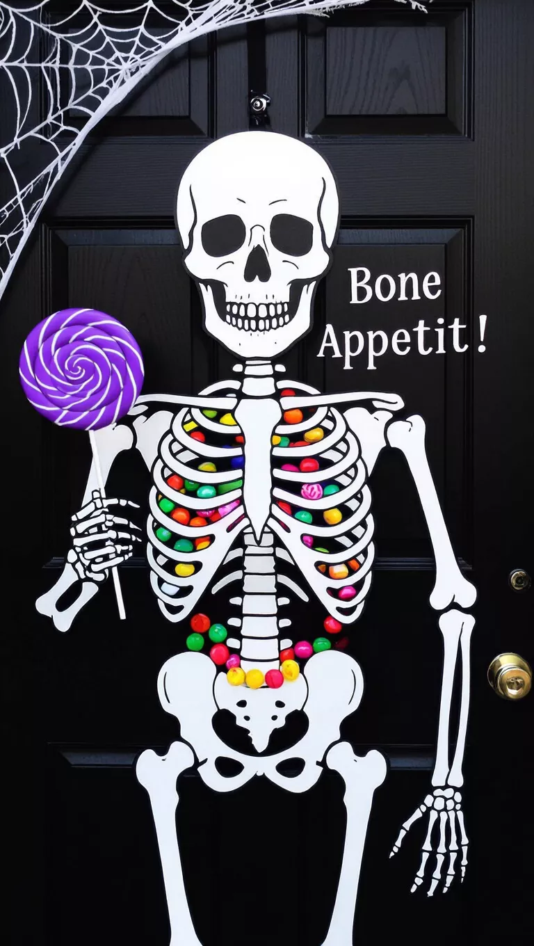 A photo of a black door decorated with a white skeleton cutout, holding a purple lollipop, candies in its ribcage, 