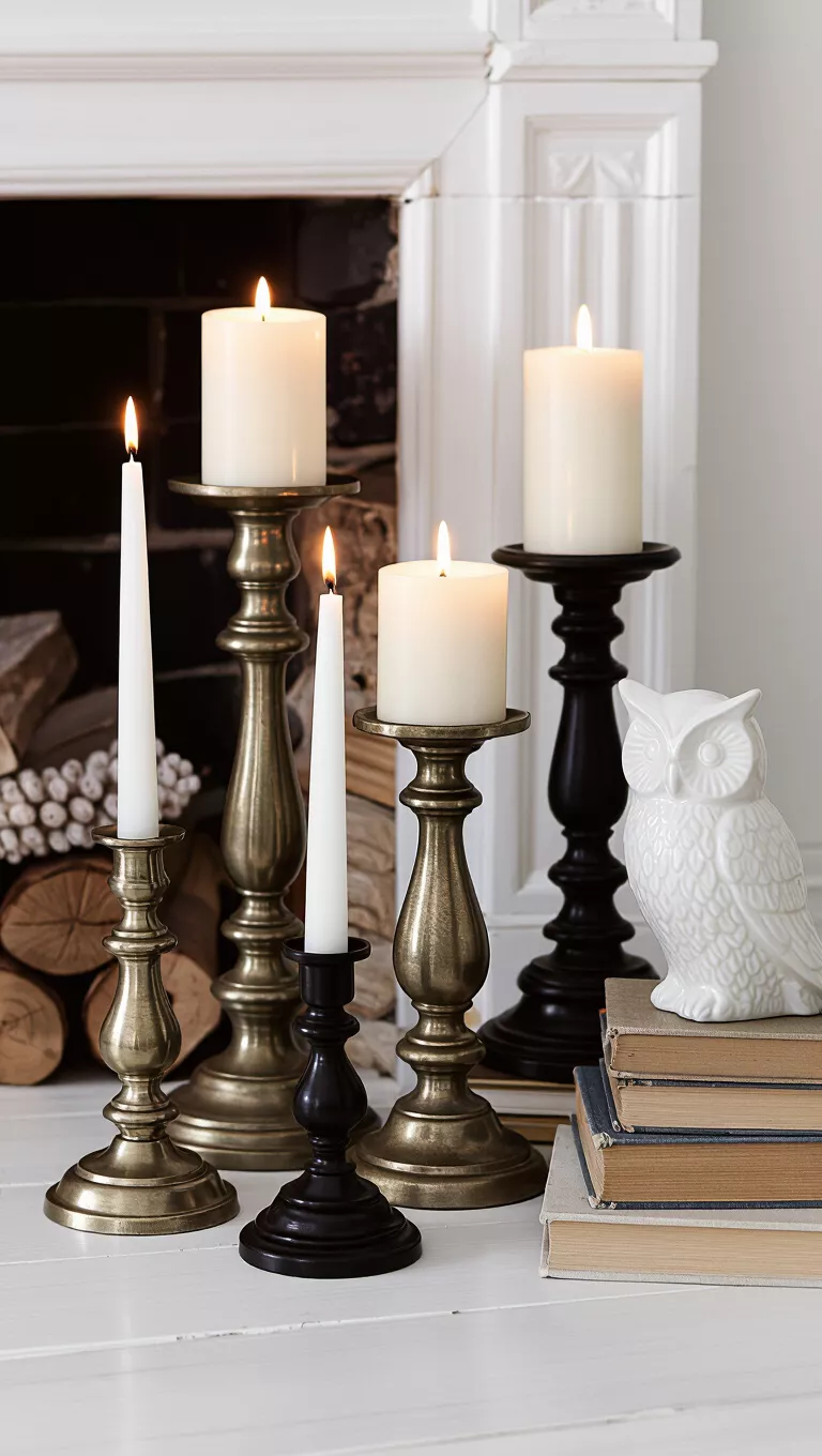 A photo of various candles in tall and short candlesticks arranged near a fireplace, alongside a stack of old books and a white ceramic owl.