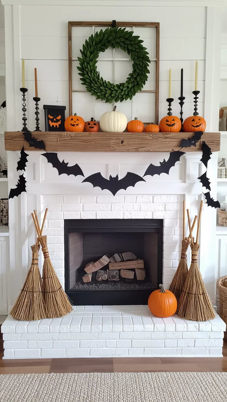 A photo of a rustic fireplace mantel adorned with Halloween-themed decor and decorative brooms, featuring a playful bat garland across the front.