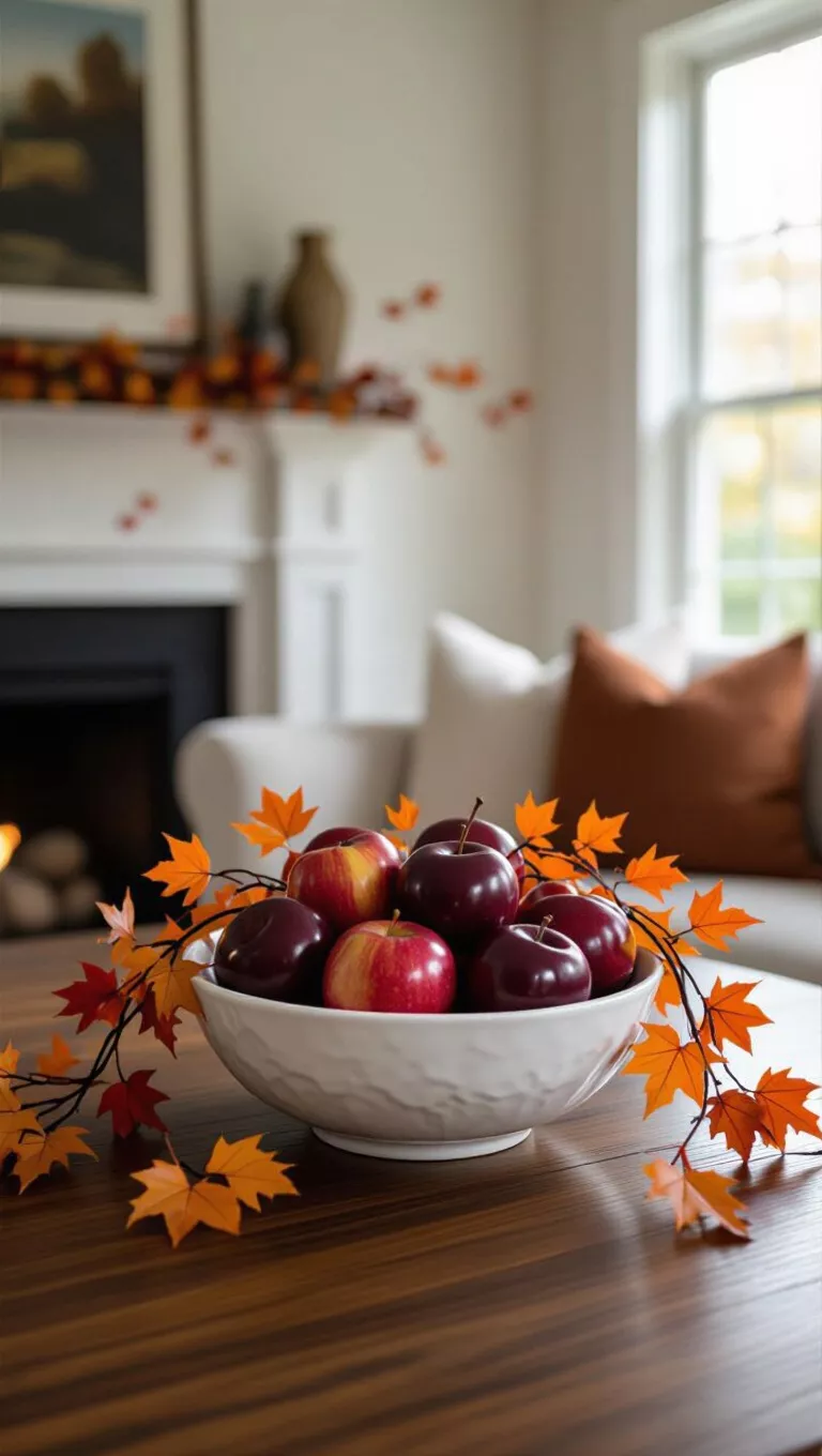 A photo of a living room table featuring a bittersweet fall centerpiece with vibrant orange bittersweet vines draped artfully over a white ceramic bowl filled with dark red apples.
