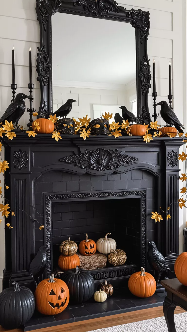 A photo of a Halloween-themed fireplace with a dark, ornate mantel adorned with golden leaves, black masks, and raven figures, with pumpkins and dark decor below.