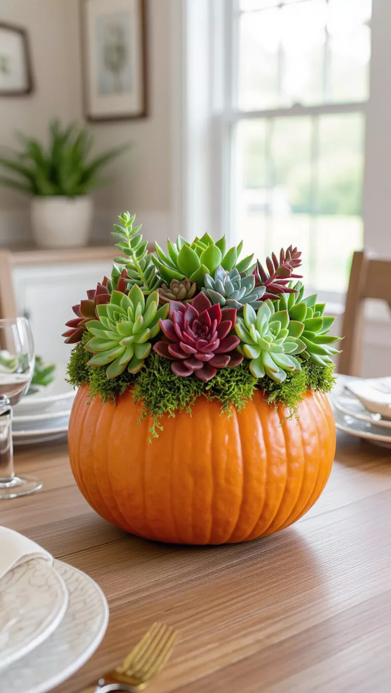 A photo of a dining room table featuring a living succulent pumpkin centerpiece, where various green and red succulents are artfully arranged onto the top of a large pumpkin with moss.