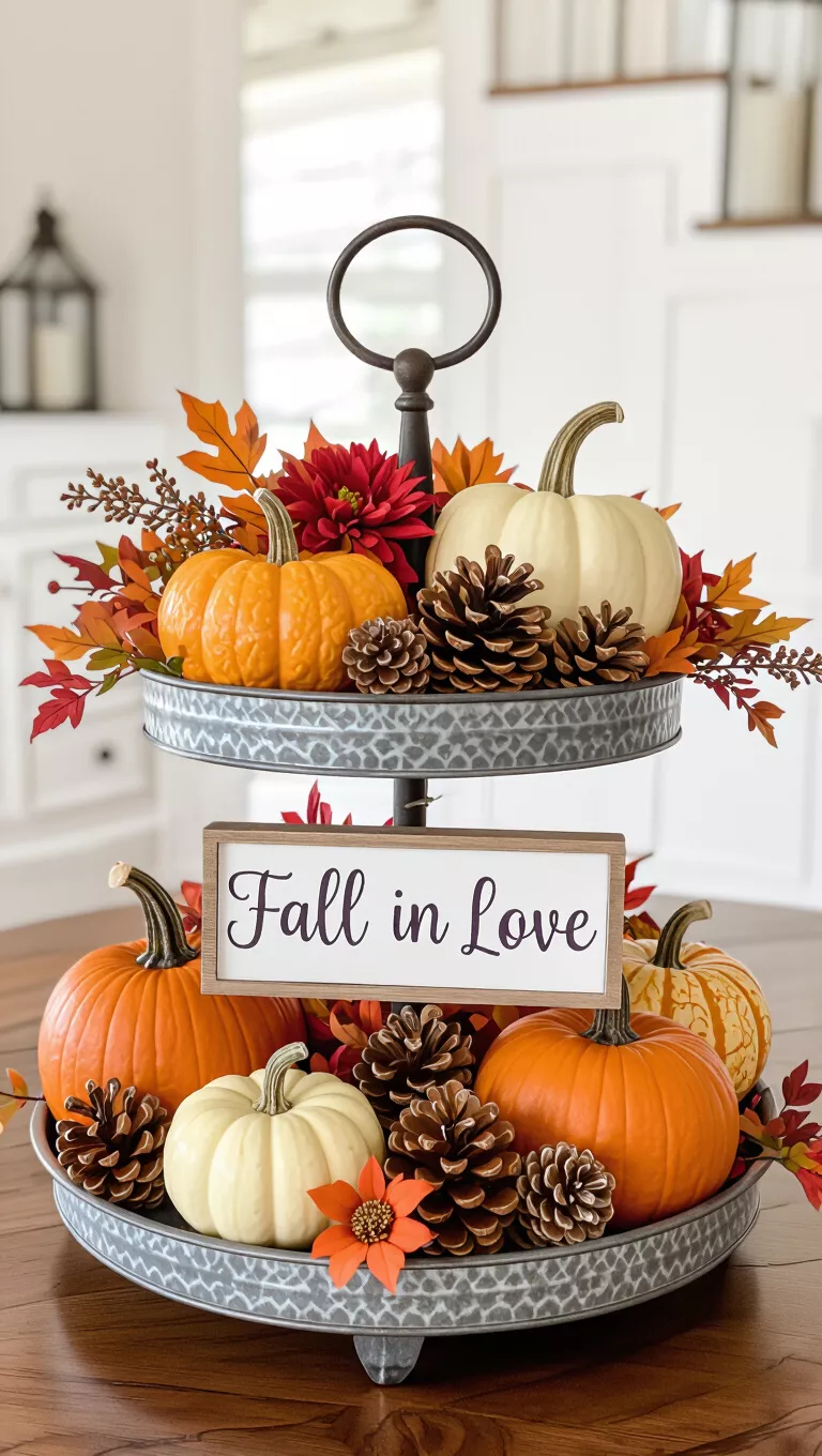A professional photo, similar to a photo in a home design magazine, of a two-tiered metal tray decorated with decorative pumpkins, assorted pinecones, delicate autumn flowers, and a 'Fall In Love' sign.