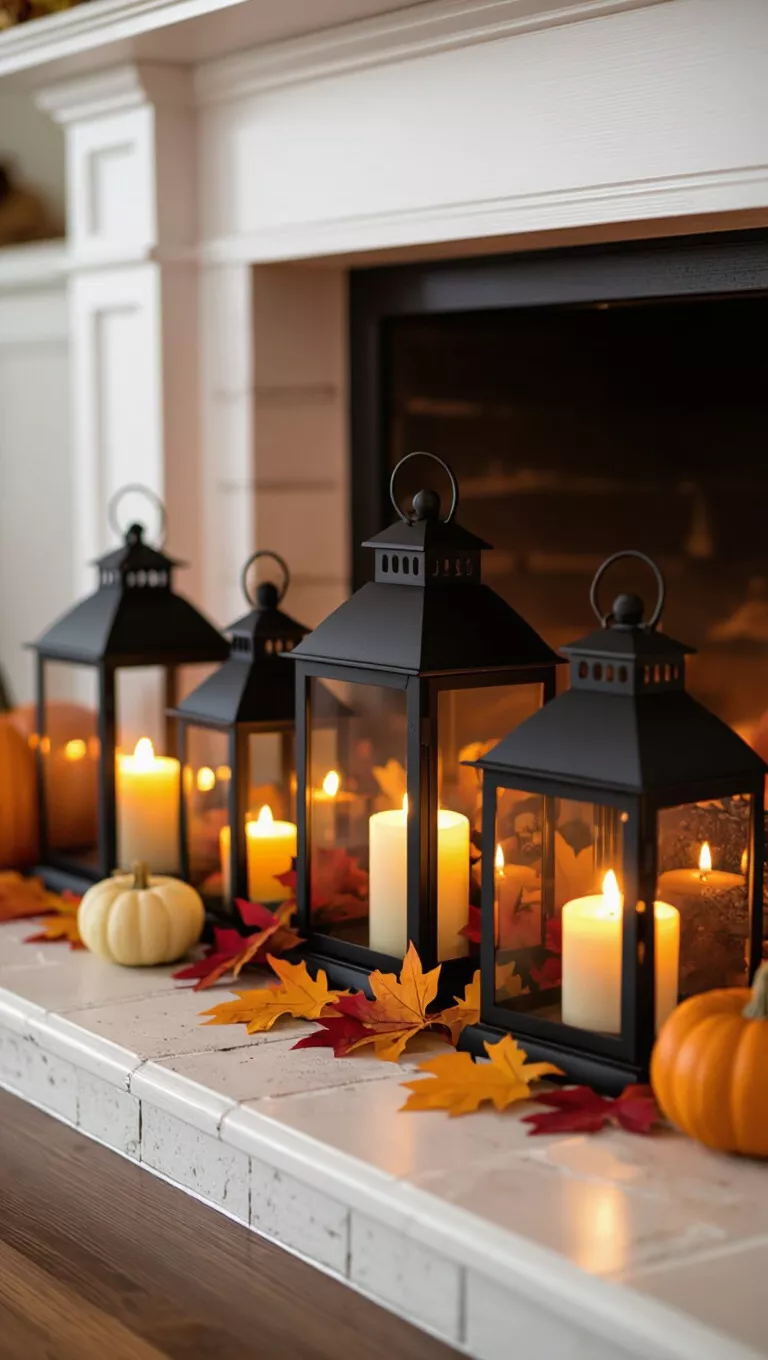A photo of a warm-lit fireplace mantel housing a row of diverse black lanterns with glowing candles, decorated with autumn leaves and small pumpkins on the hearth below.