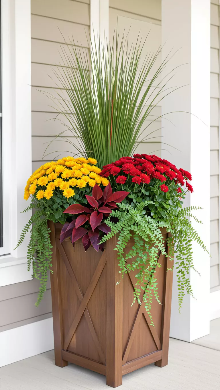 A professional photo, similar to a photo in a home design magazine, of a tall wooden planter with tall green ornamental grass, orange mums, red foliage, and trailing greenery.