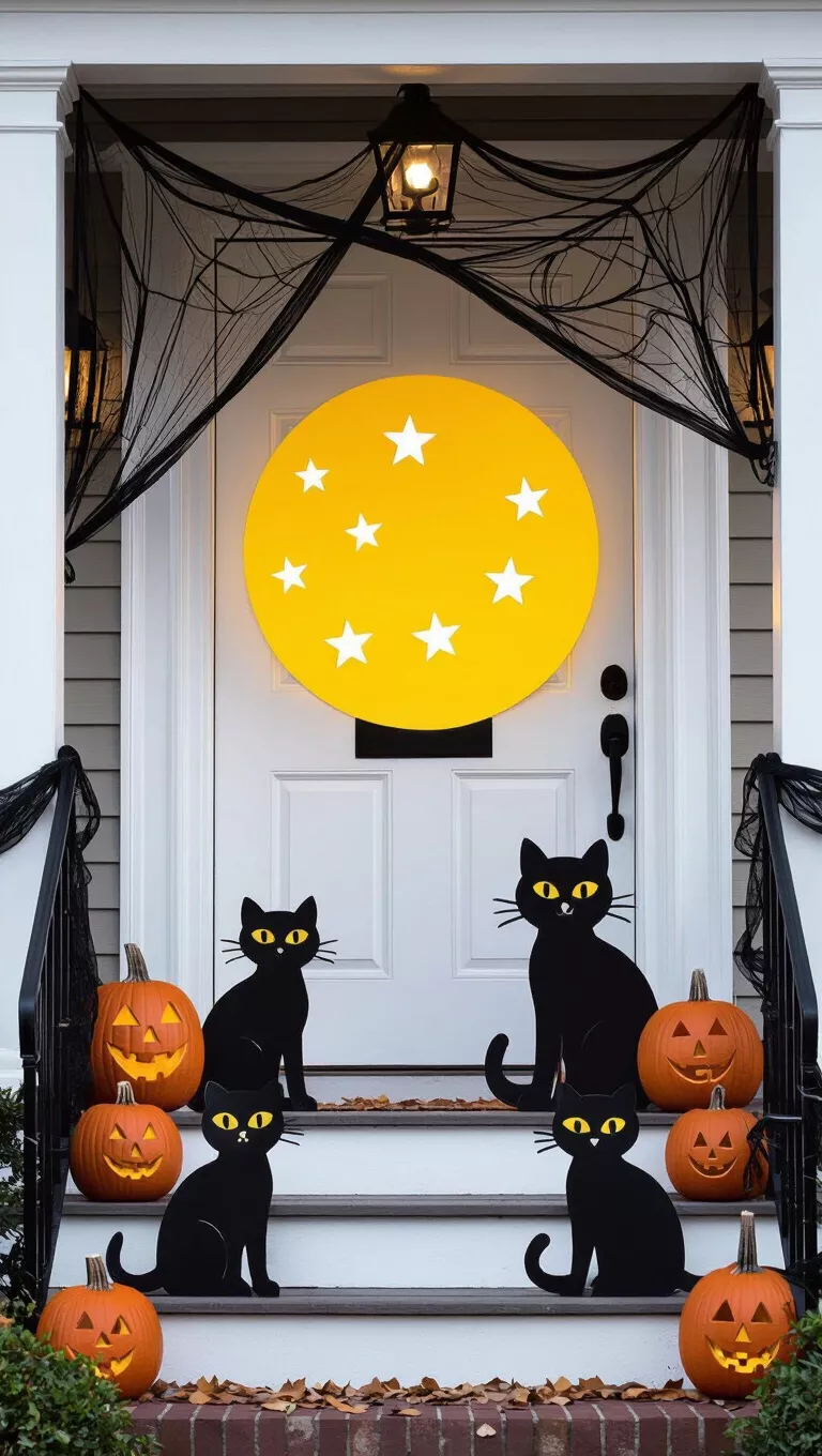A photo of a Halloween decorated front porch, black cat cutouts on stairs, a yellow moon and white stars on the door, and black cobweb draping.