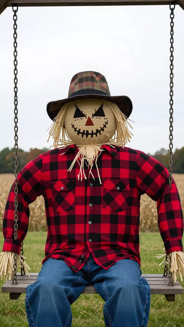 A photo of a life-sized scarecrow in a plaid shirt and hat sitting on a swing, looking sinister.