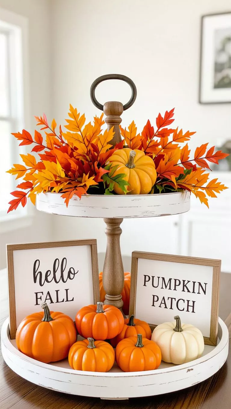 A professional photo, similar to a photo in a home design magazine, of a two-tiered white wooden tray filled with vibrant orange foliage, small wooden pumpkins, and signs saying 'hello fall' and 'Pumpkin Patch'.