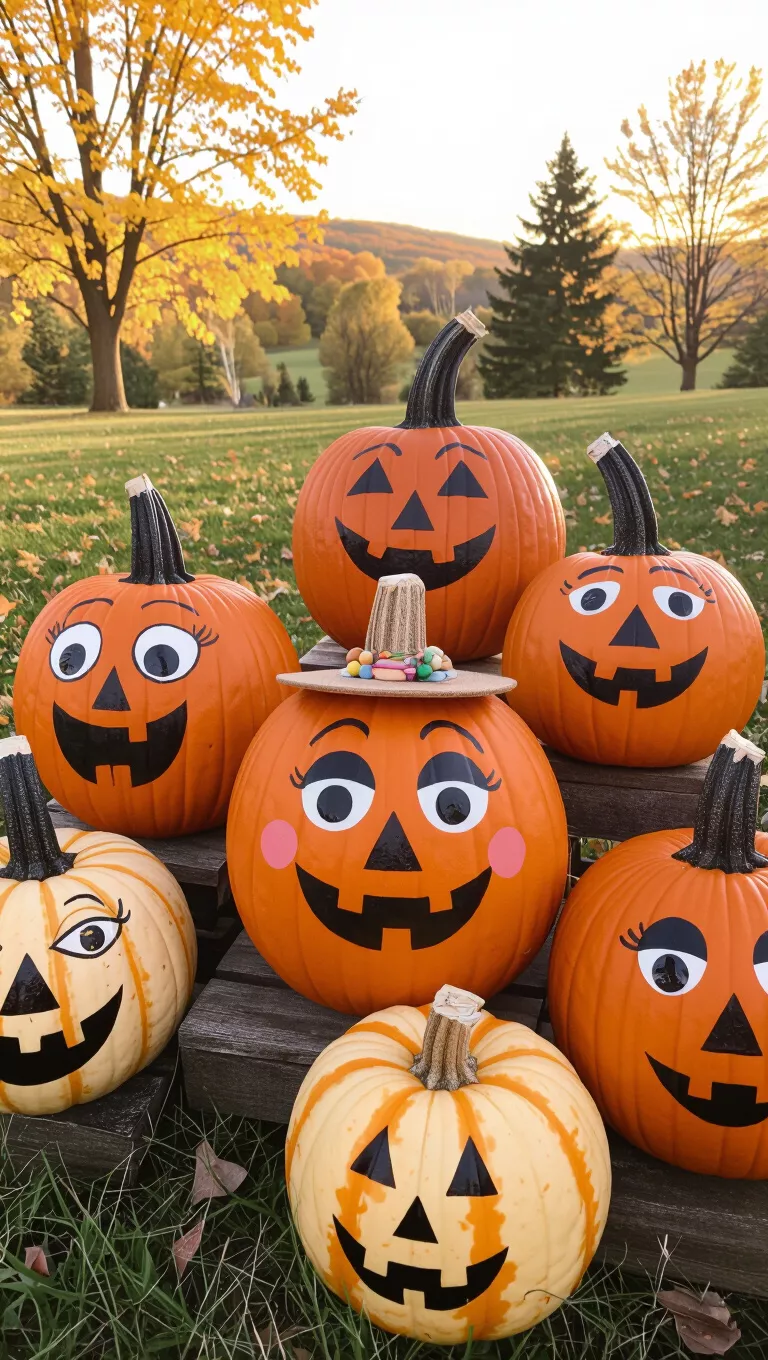 A photo of whimsical pumpkins painted with funny faces or adorned with small accessories, displayed outdoors.