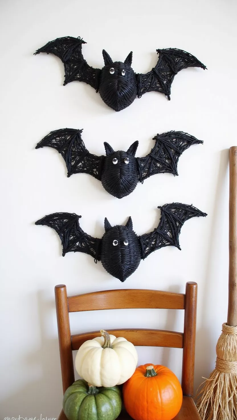A photo of three woven black willow bats displayed on a wooden chair and wall, accompanied by white, green, and orange pumpkins and a straw broom.
