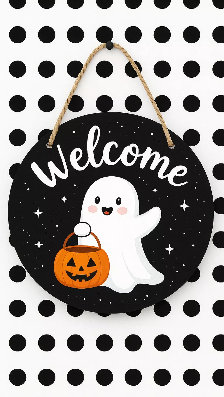 A photo of a round Halloween 'Welcome' sign featuring a cute white ghost holding a pumpkin basket on a black background with white polka dots.