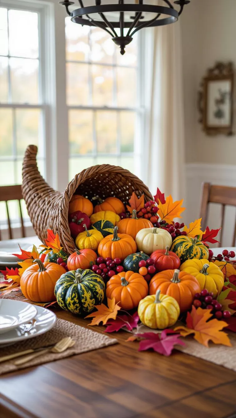 A photo of a dining room table featuring a traditional cornucopia fall decoration overflowing with miniature pumpkins, colorful gourds, artificial fall leaves, and faux berries.