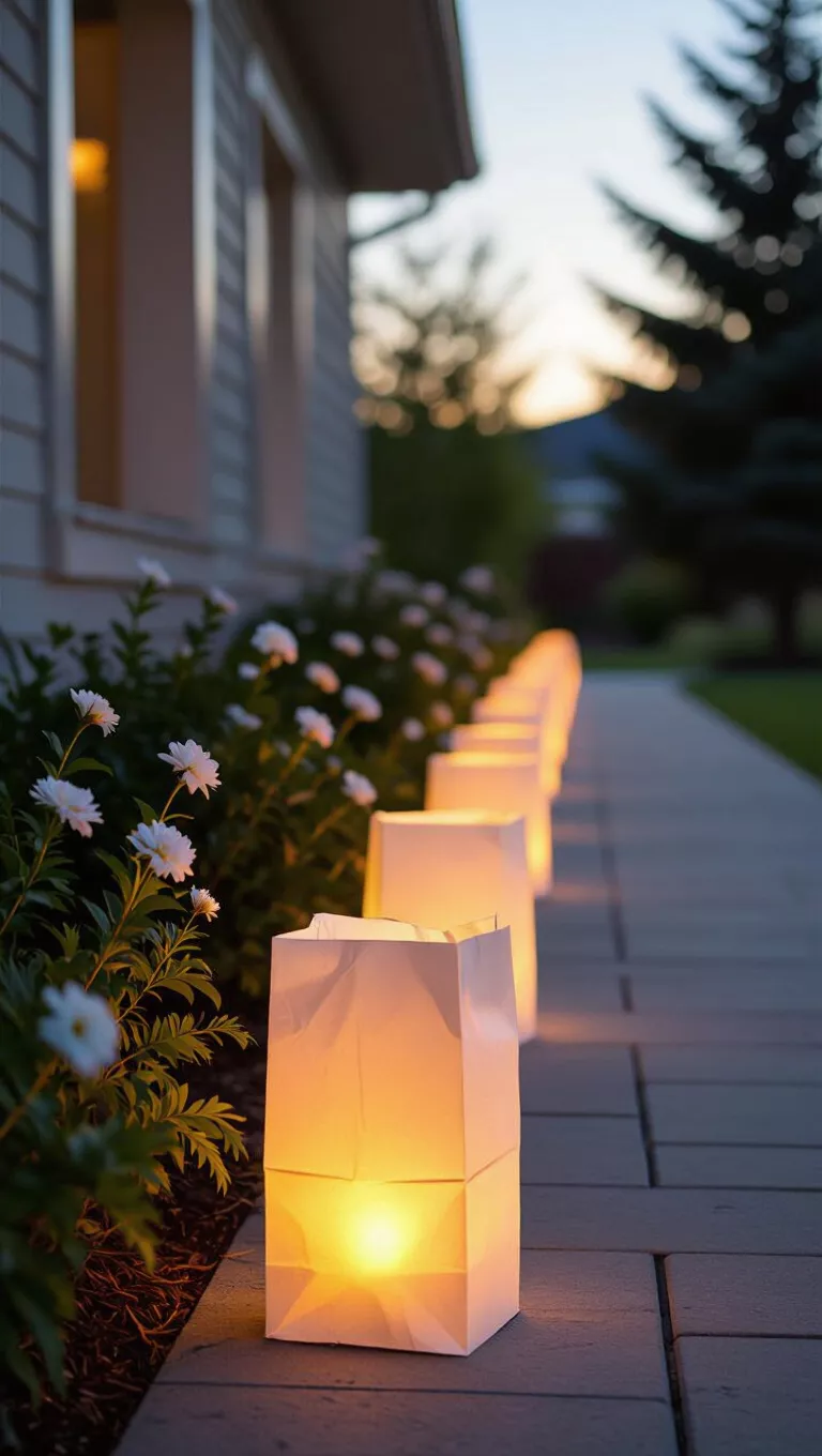A professional photo, similar to a photo in a home design magazine, of an outdoor pathway lined with glowing luminaries made from paper bags, casting soft light.