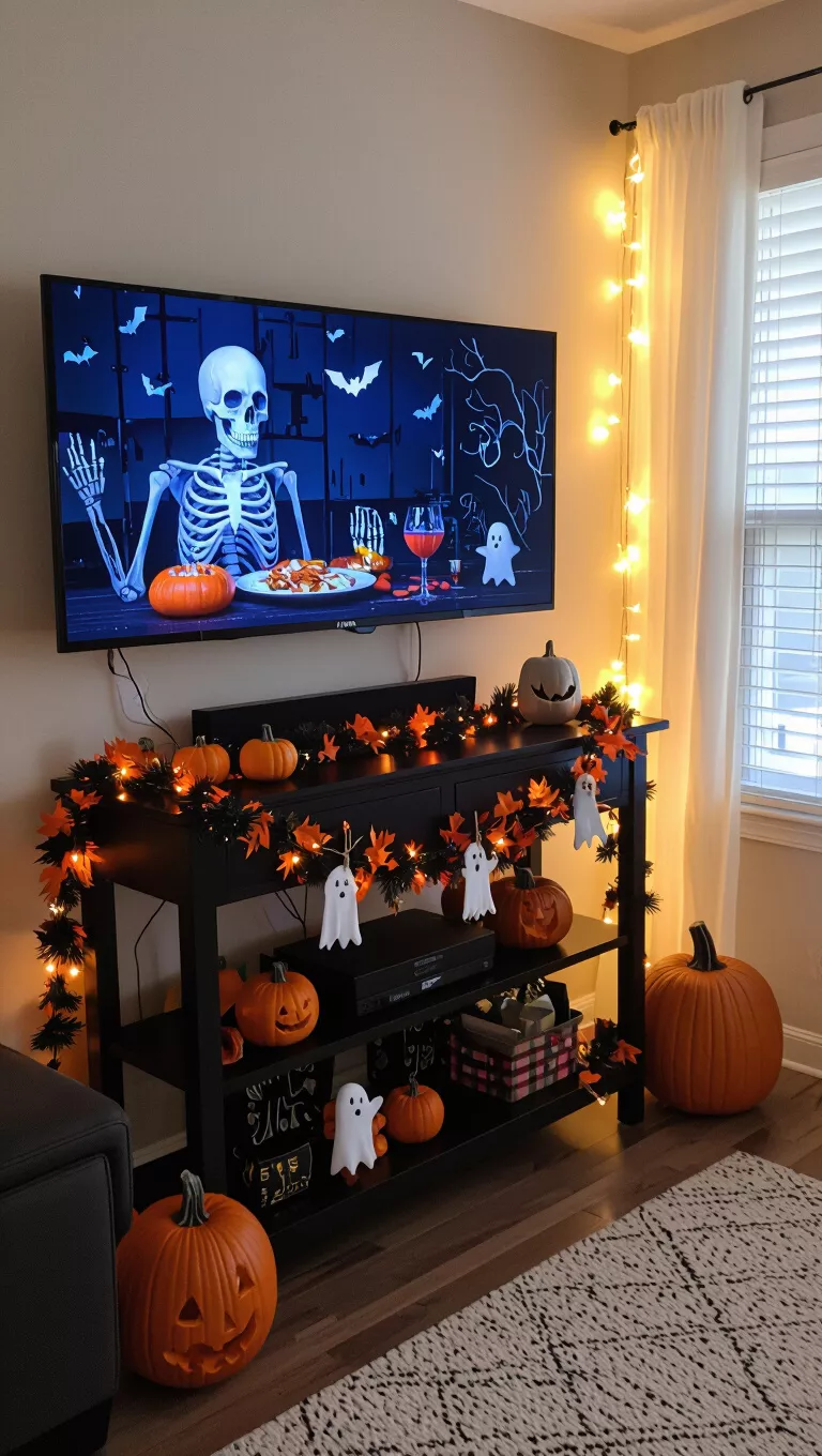 A photo of a living room, a corner with a TV displaying a skeleton dinner scene, fairy lights, and a black console table adorned with small pumpkins, ghosts, and seasonal garlands for Halloween.