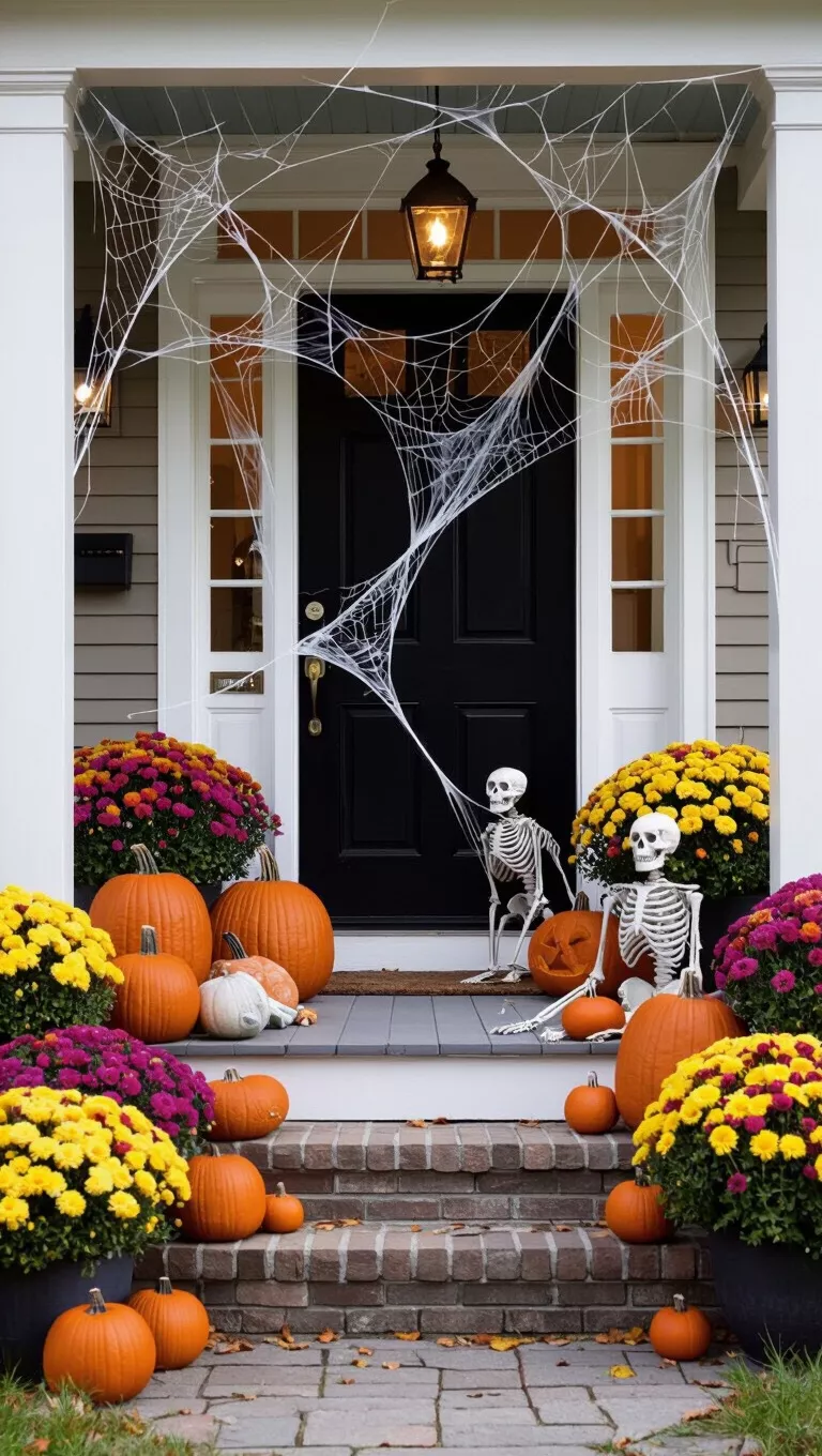 A photo of a spooky porch with spiderwebs on the door, surrounded by mums, various pumpkins, and a skeletal cat and skeleton.