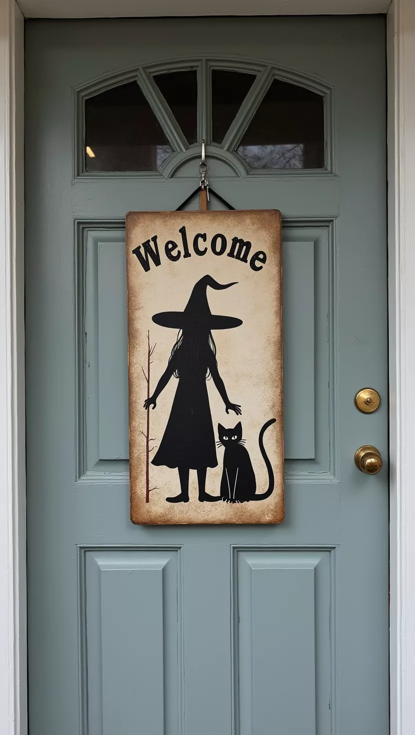 A photo of a grey front door with a 'WELCOME' sign featuring a witch and cat.