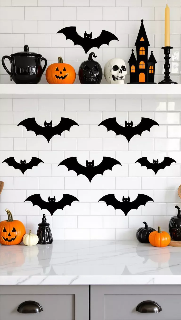 A photo of a kitchen counter with a white subway tile backsplash, adorned with black bat decals and elegant Halloween-themed decorative items.