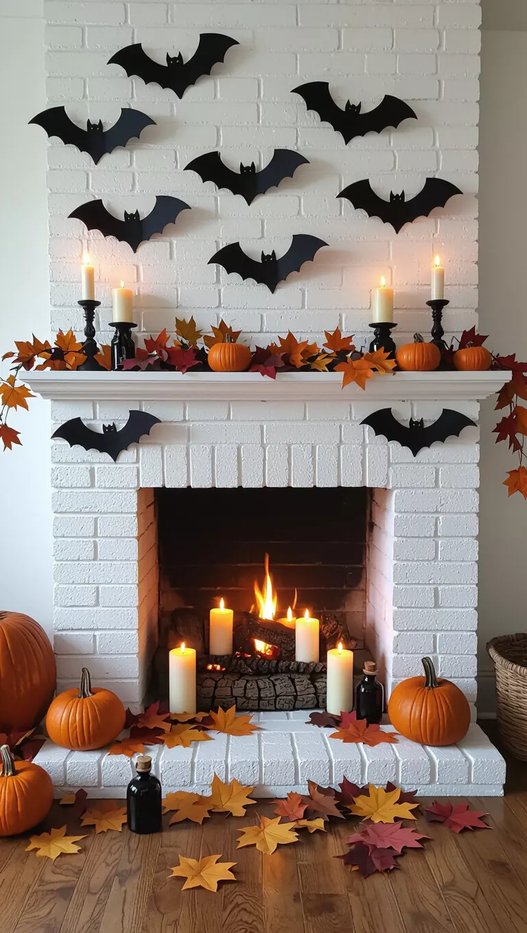 A photo of a white brick fireplace decorated with black bat cutouts flying up the wall, candles inside, and scattered autumn leaves and potion bottles below.