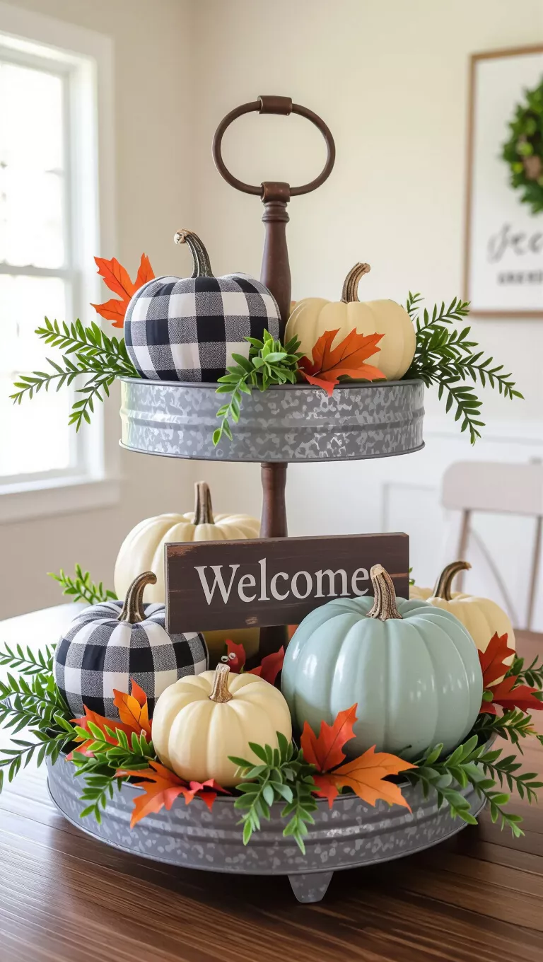 A professional photo, similar to a photo in a home design magazine, of a two-tiered galvanized metal tray with charming plaid and light blue pumpkins, fresh green foliage, a welcoming 'WELCOME' sign, and speckled filler resembling autumn leaves.
