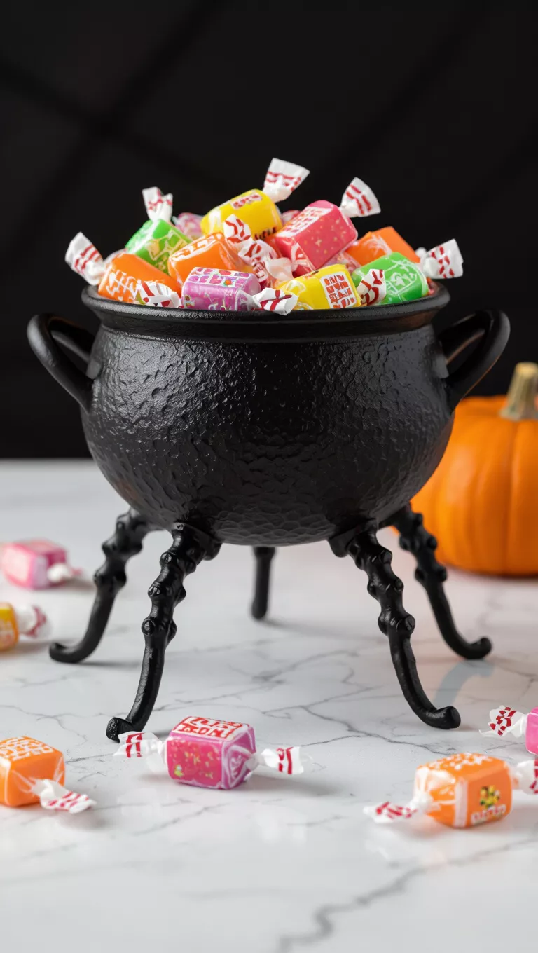 A photo of a black iron cauldron-shaped bowl, supported by eight spider legs, filled with an assortment of colorful Halloween saltwater taffy candies.