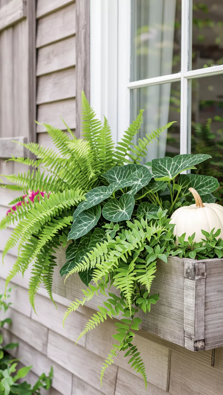 A professional photo, similar to a photo in a home design magazine, of a rustic, weathered window box overflowing with various shades of green foliage, including ferns, caladiums, and a white pumpkin.