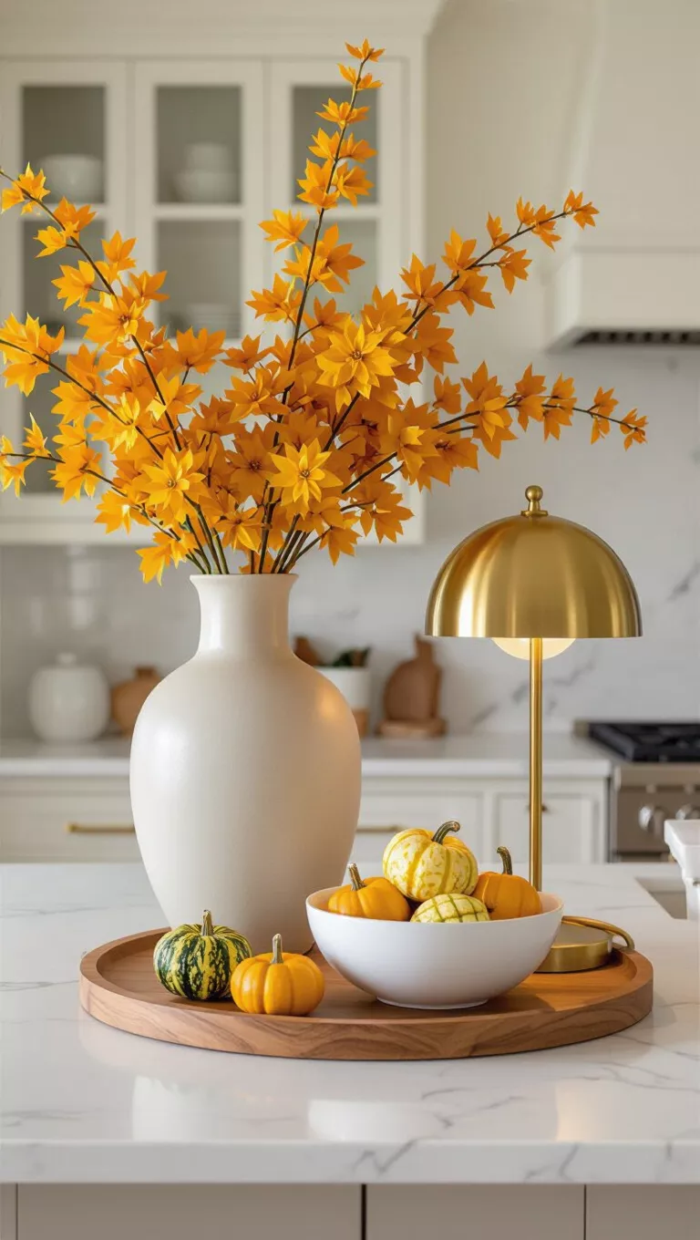 A professional photo, similar to a photo in a home design magazine, of a kitchen counter with a large vase of golden yellow foliage, a modern gold lamp, and a white bowl of small gourds on a wooden tray.