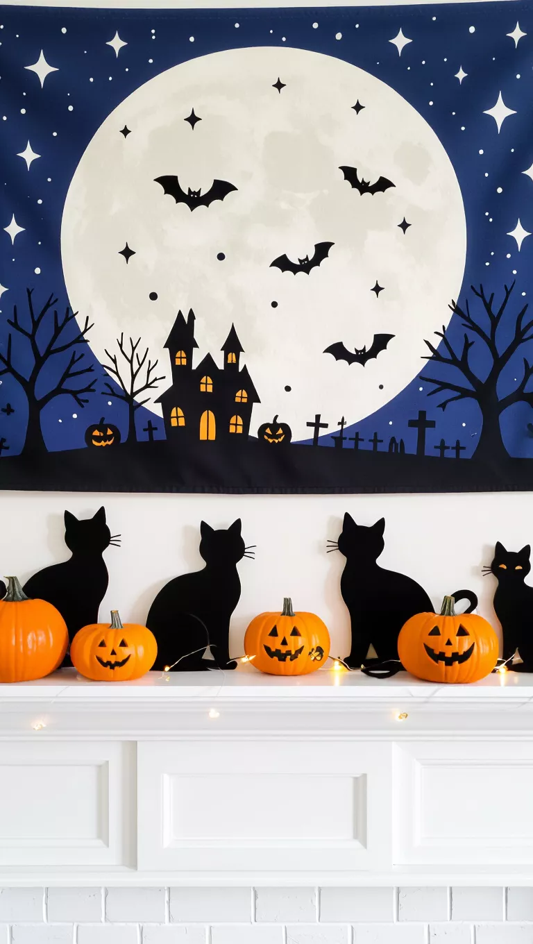 A photo of a wide fireplace mantel adorned with black cat silhouettes, small pumpkin lights, and a large moon and stars tapestry adding a magical Halloween touch.