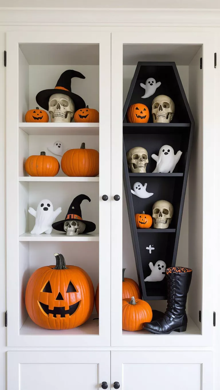 A photo of a cabinet surface with Halloween decorations, including a vertical coffin-shaped shelf with skulls and ghosts, pumpkins, and a witch's boot.